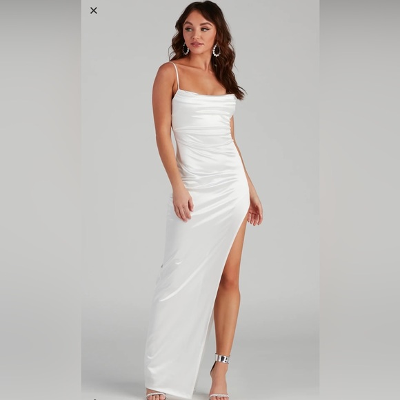 Windsor Lola High Slit White Satin Dress - Picture 2 of 5